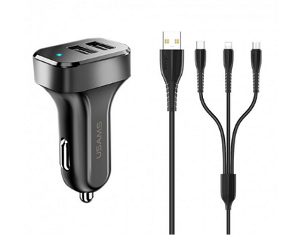Зарядное автомобильное USAMS C13 (2USB 2.1A) Lightning / micro USB / Type-C Чёрный (11308)
