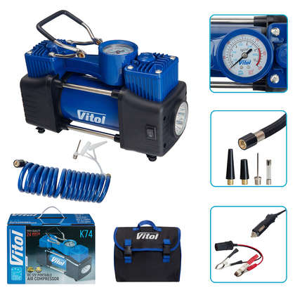 Компресор автомобільний ViTOL K74 150PSI, 85л/хв, 2 цил, шланг 3м(13356)