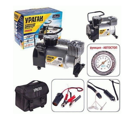 Компрессор "Ураган" КА-У12052 150psi/15Amp/40л/прикур.+переходник/Автостоп 2режима (7870)
