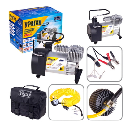 Компрессор "Ураган" КА-У12055 150psi/23Amp/40л/клеммы/шланг 7,5м с дефлятором(7871)